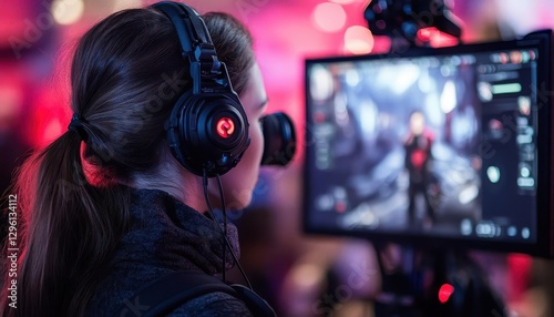 A live-streamer broadcasting a game, surrounded by high-tech equipment, Gaming, Photography, Dynamic and high-energy