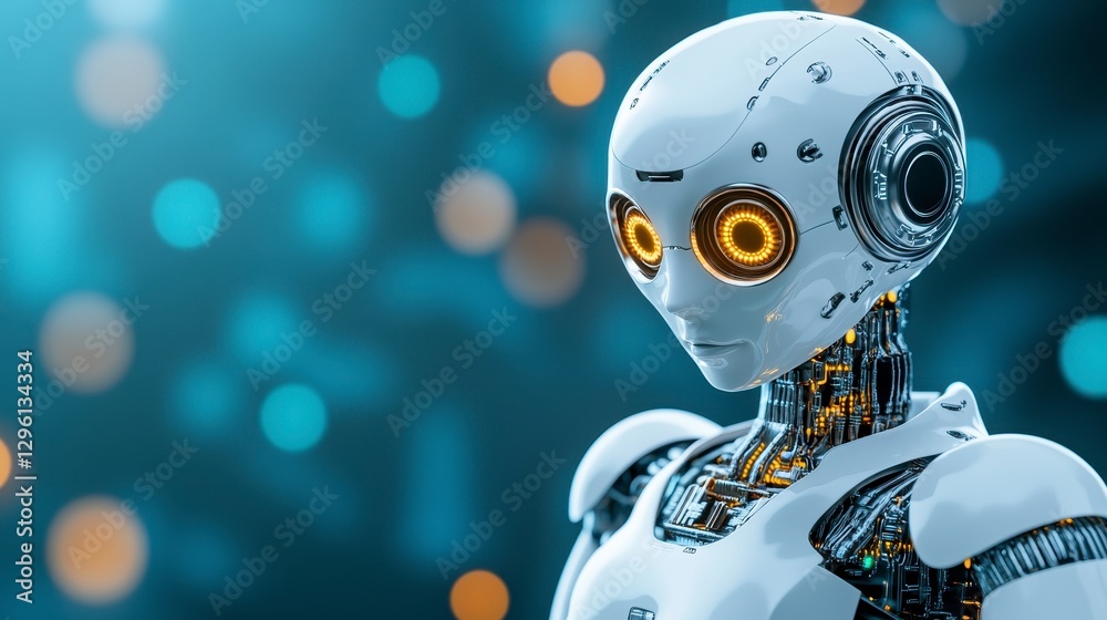 Humanoid Robot with Glowing Eyes Close Up Humanoid Robot with Glowing Eyes Close Up