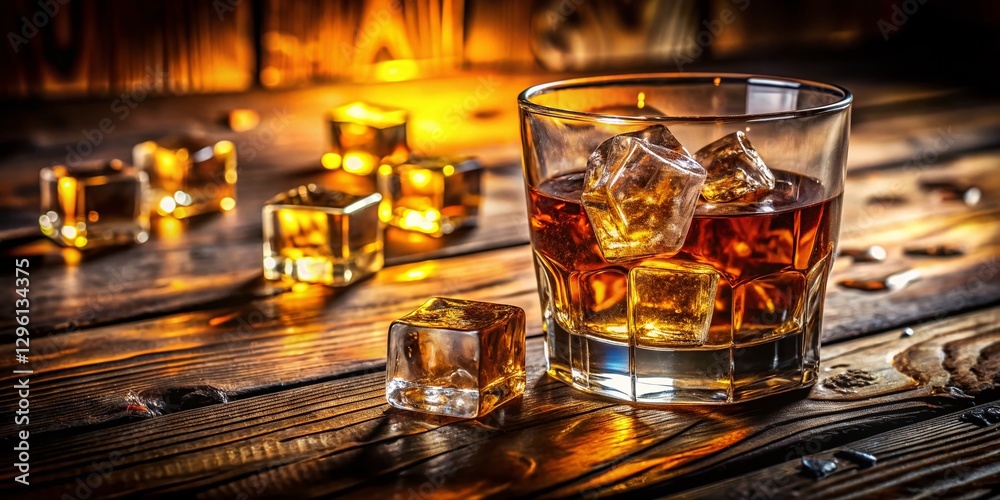 Amber Whiskey on Wood: Ice Cubes in a Glass, Rustic Tabletop Amber Whiskey on Wood: Ice Cubes in a Glass, Rustic Tabletop