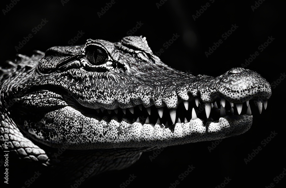 Obraz premium Majestic Crocodile Profile in Monochrome with Sharp Teeth and Intense Gaze Captured in High Detail and Dramatic Lighting for Wildlife Photography