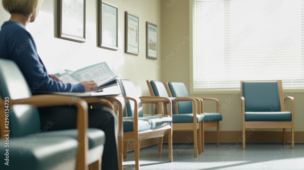 Rare illness patient reading health literature in a calm waiting room. Featuring awareness and preparation
