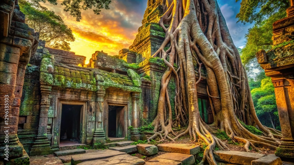 Obraz premium Ancient Angkor Wat Temple Ruins Overgrown with Lush Jungle Trees and Roots