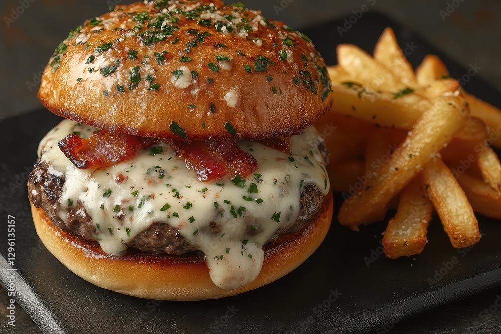 Gourmet burger topped with melted cheese and crispy bacon, served with golden fries on a slate plate Gourmet burger topped with melted cheese and crispy bacon, served with golden fries on a slate plate