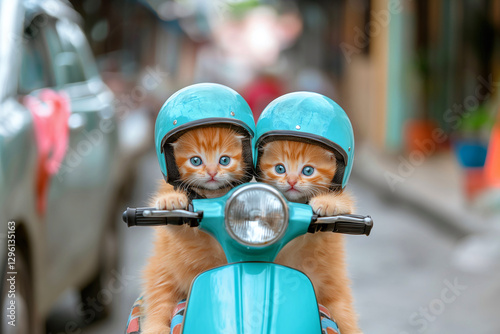 Two cute little kittens driving a scooter..