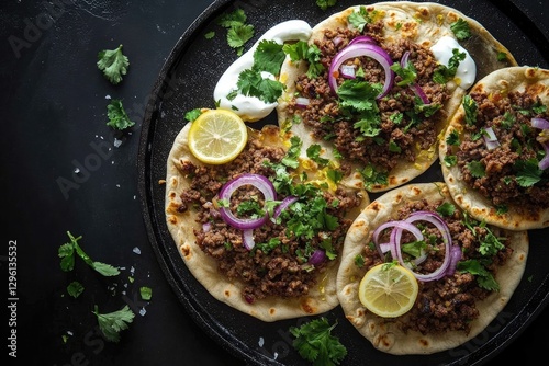 Spiced Beef Flatbreads on Dark Plate photo