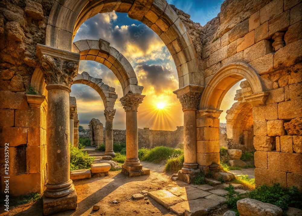 Fototapeta premium Ancient Imirzeli Ruins: Church Interior, Crumbling Columns & Sunlit Dust Motes