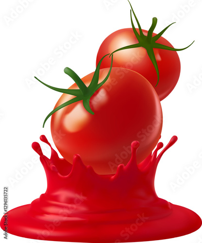 Red tomato with juice or ketchup splash isolated on white background 3d vector