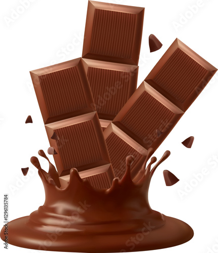  horizontal and vertical splash of chocolate, cocoa or coffee, pieces of chocolate bar, swirl and drop