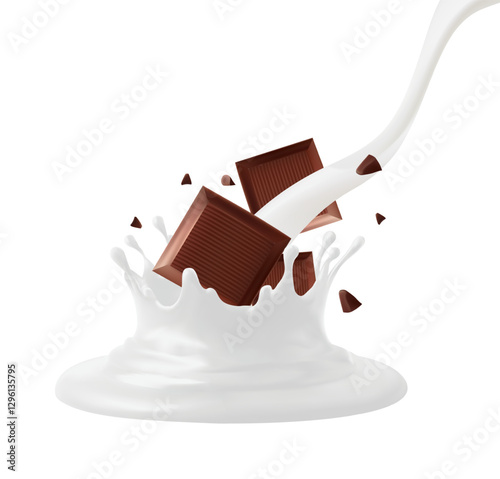 Milk splashing Chocolate liquid and Chocolate bar splashing in the middle isolated on background, Vector realistic in 3d illustration. Food