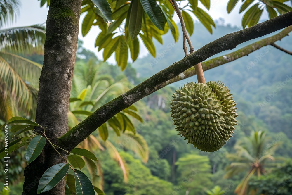 Durian Tree with Spiky Ripe Fruits Hanging from Branches Durian Tree with Spiky Ripe Fruits Hanging from Branches