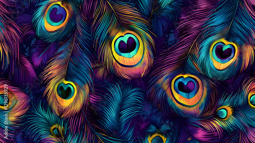 A seamless pattern of colorful peacock feathers
