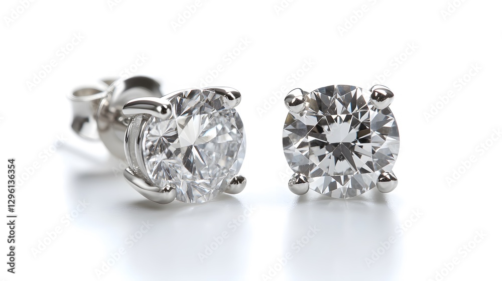 A pair of luxurious diamond stud earrings with a simple, classic design, shown against a white background A pair of luxurious diamond stud earrings with a simple, classic design, shown against a white background