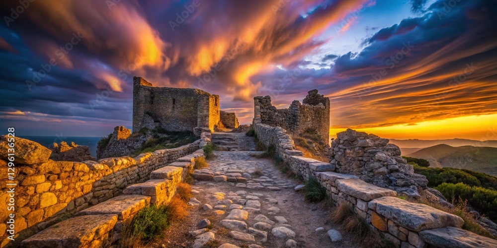 Fototapeta premium Ancient Stone Fortress at Dusk - Long Exposure Photography