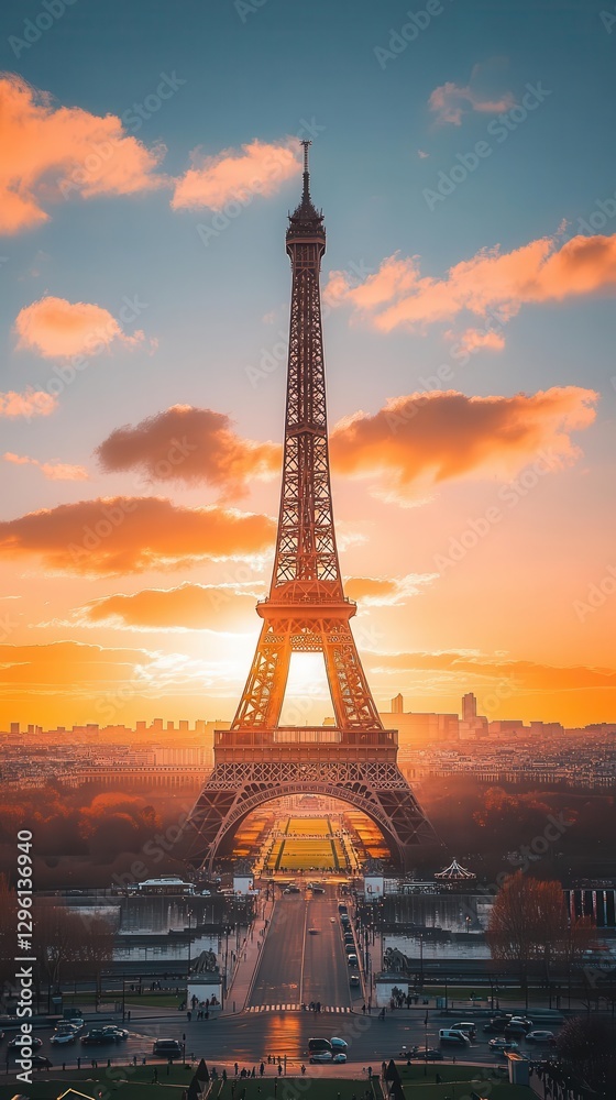Fototapeta premium A wide shot of the Eiffel Tower at sunset, capturing its grandeur and Parisian ambiance, Travel, Photography, Warm tones