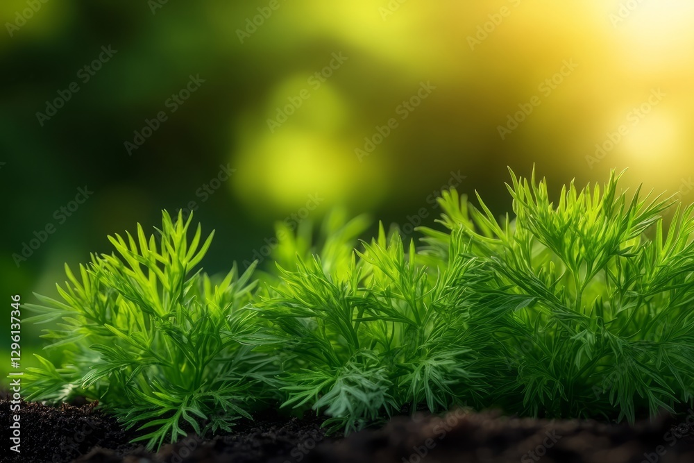 Fresh Green Herb Plants Growing in Natural Soil with Soft Background Light Effects Fresh Green Herb Plants Growing in Natural Soil with Soft Background Light Effects