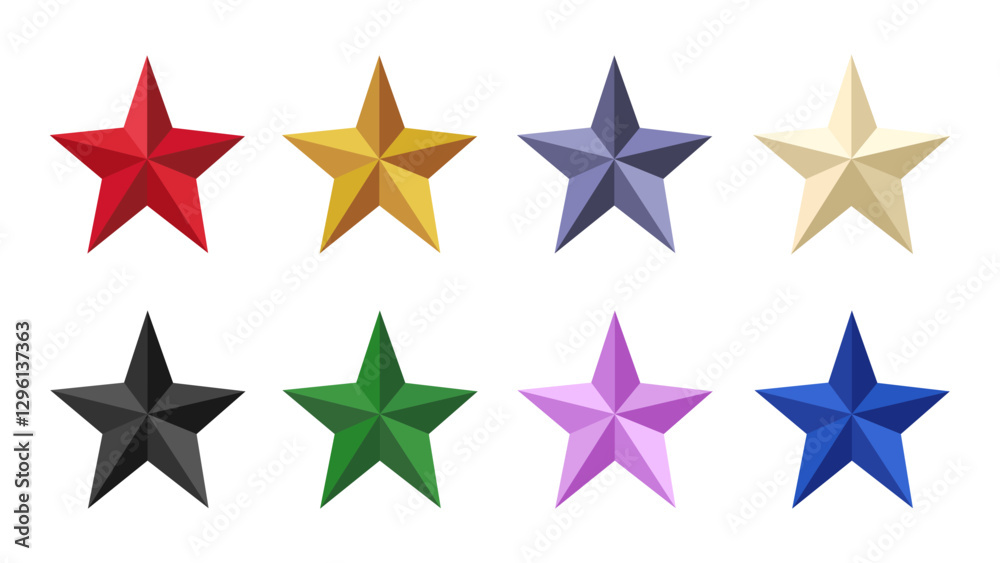 Set of three-dimensional stars, each of which has a different shade of colour. Vector icons with brightly coloured stars on an isolated background Set of three-dimensional stars, each of which has a different shade of colour. Vector icons with brightly coloured stars on an isolated background