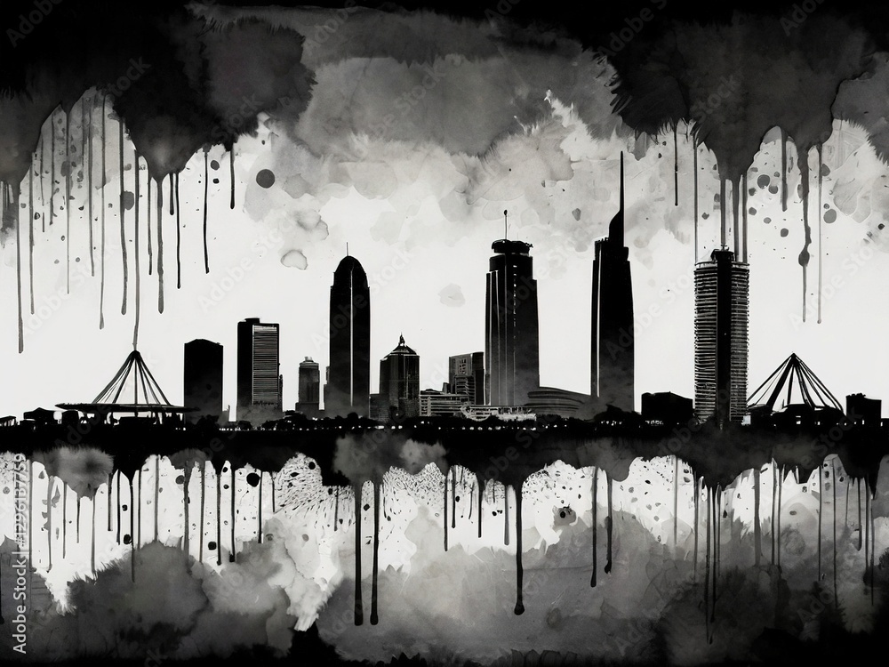 Obraz premium Black and White Ink Wash Illustration of a Historic Government Building with Dramatic Sky