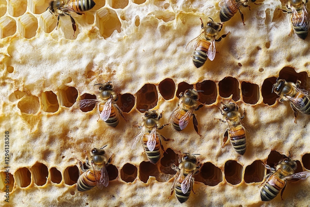 Bees Working on Honeycomb in Close-Up View of Beehive Structure Bees Working on Honeycomb in Close-Up View of Beehive Structure