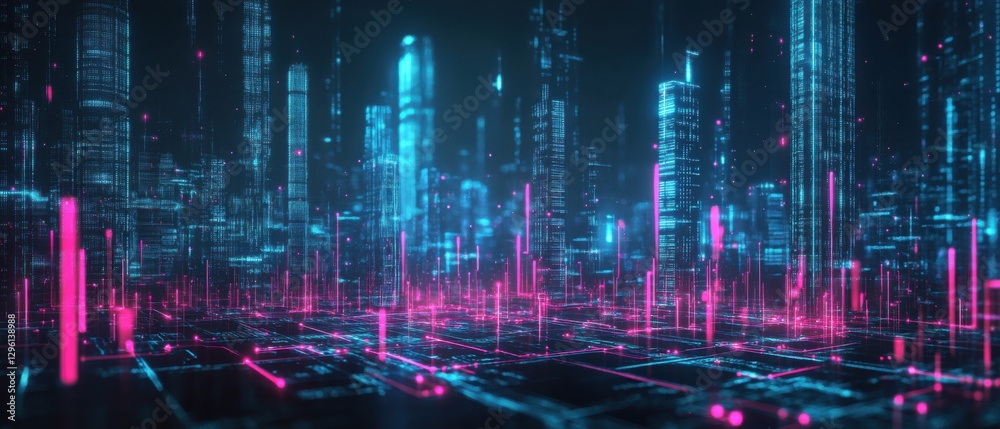 Obraz premium Futuristic neon cityscape with glowing data streams, representing digital network, artificial intelligence, and cyberpunk technology