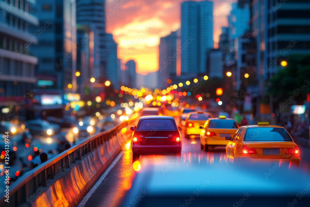 City Traffic at Sunset with Colorful Skyscrapers and Glowing Vehicle Lights at Evening City Traffic at Sunset with Colorful Skyscrapers and Glowing Vehicle Lights at Evening