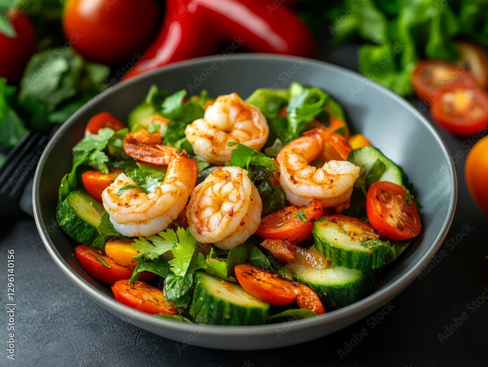 Fresh and Colorful Shrimp Salad with Cucumbers, Tomatoes, and Leafy Greens in Bowl Fresh and Colorful Shrimp Salad with Cucumbers, Tomatoes, and Leafy Greens in Bowl