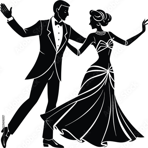 A black silhouette of an elegantly dressed couple dancing in a graceful ballroom style 