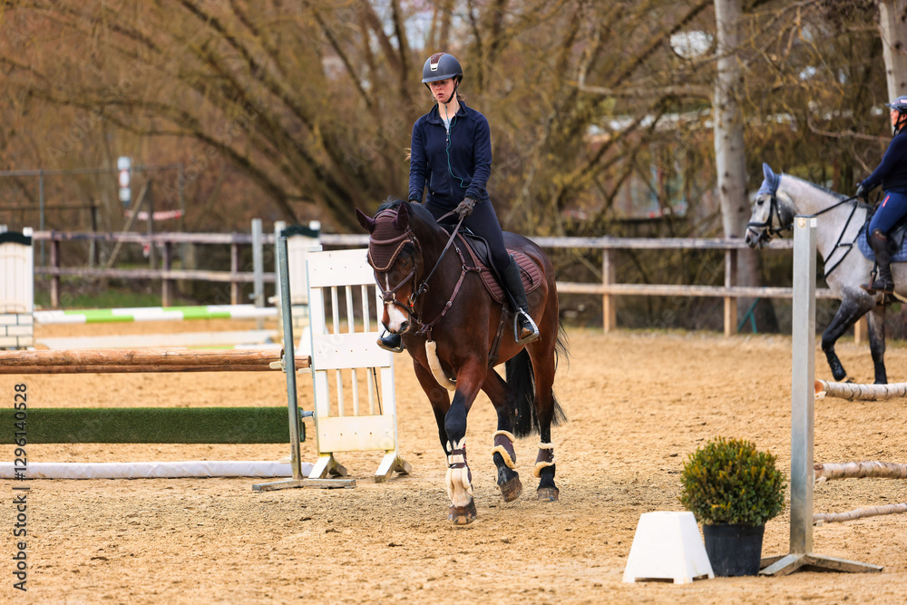 Horse with rider training on the riding arena. Horse with rider training on the riding arena.