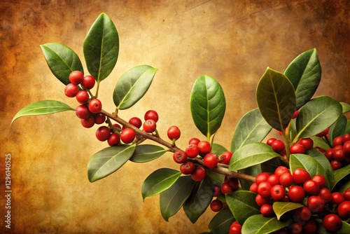 Antique botanical illustration of Yaupon Holly berries, a Southern herbal tea plant (Ilex vomitoria).