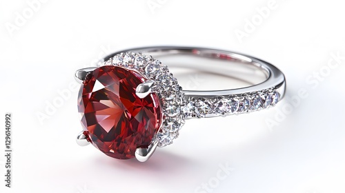 A sparkling ruby ring with a diamond-encrusted band, set against a pure white background