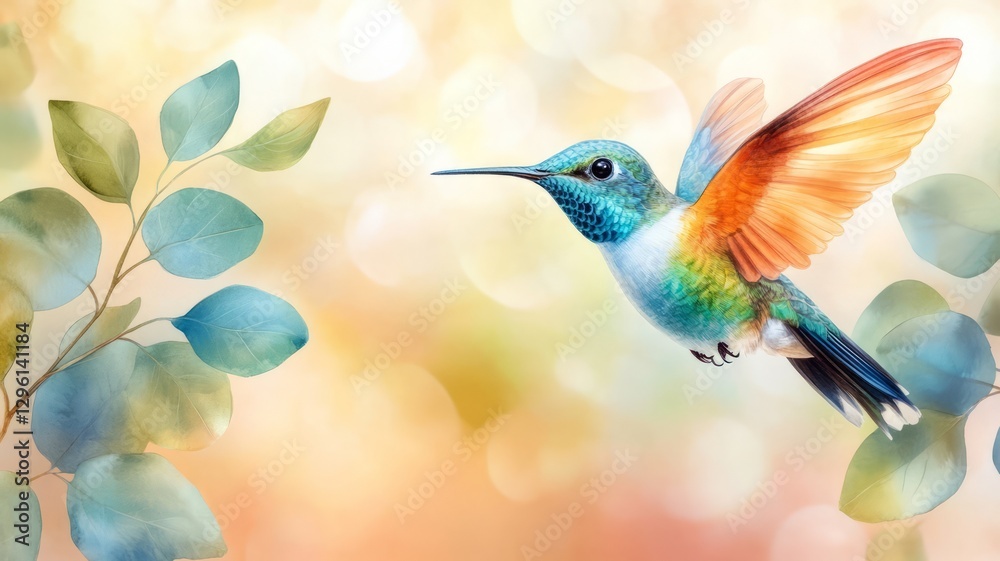 Naklejka premium Vibrant Hummingbird in Flight with Soft Pastel Background and Leaves