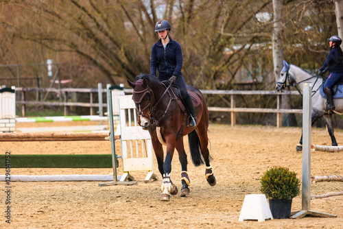 Horse with rider training on the riding arena.