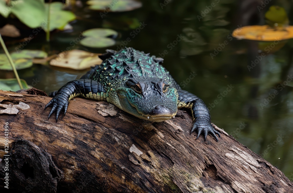 Majestic reptile basking on log near calm water, showcasing vibrant scales and nature's beauty, surrounded by green foliage and serene reflections Majestic reptile basking on log near calm water, showcasing vibrant scales and nature's beauty, surrounded by green foliage and serene reflections