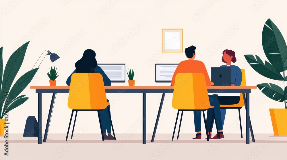 Two individuals work collaboratively at a modern desk surrounded by plants, focused on their laptops in a bright, minimalistic workspace. Two individuals work collaboratively at a modern desk surrounded by plants, focused on their laptops in a bright, minimalistic workspace.