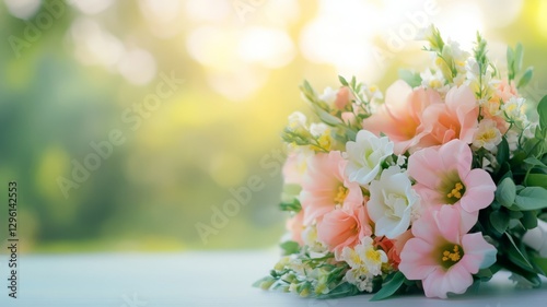 Elegant Bouquet of Soft Pink and White Flowers with Natural Background and Gentle Light