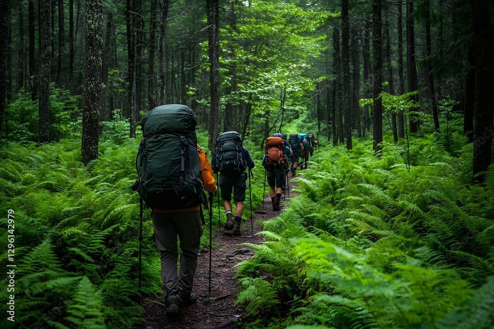 Obraz premium Green pine trees and ferns along a forest trail with hikers.