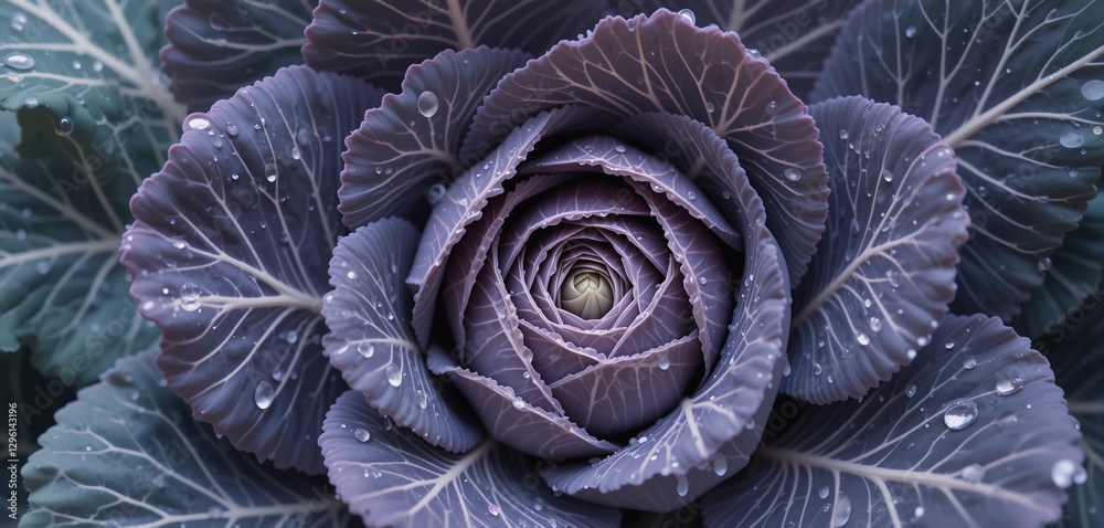 Obraz premium Close-up of a fresh purple cabbage with raindrops on its leaves in a garden setting
