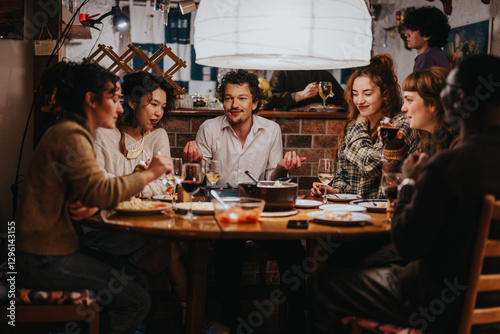 фотографія A group of people gather around a table enjoying food and beverages, creating a warm and lively atmosphere indoors