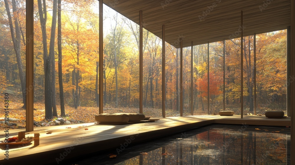 Fototapeta premium Modern minimalist autumnal spa with forest view.