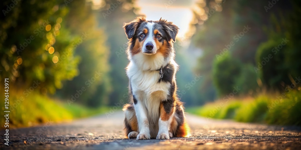 Fototapeta premium Attentive Australian Shepherd Puppy on Country Road Stock Photo