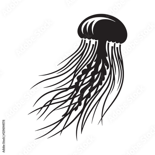 Shadowy Jellyfish silhouette, a ghostly form in the deep - Jellyfish illustration - Minimalist Jellyfish vector - Fish silhouette
