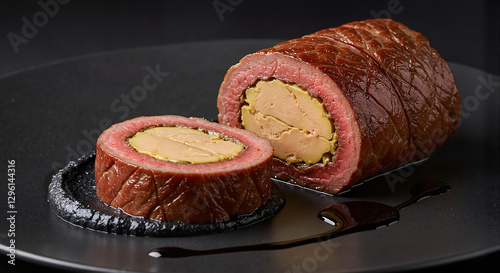 Beef roulade with foie gras on black plate