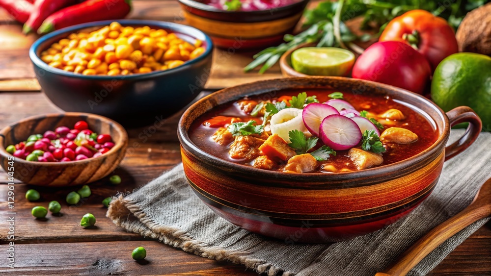 Authentic Mexican Red Pozole with Garnishes and Coffee - Stock Photo Authentic Mexican Red Pozole with Garnishes and Coffee - Stock Photo
