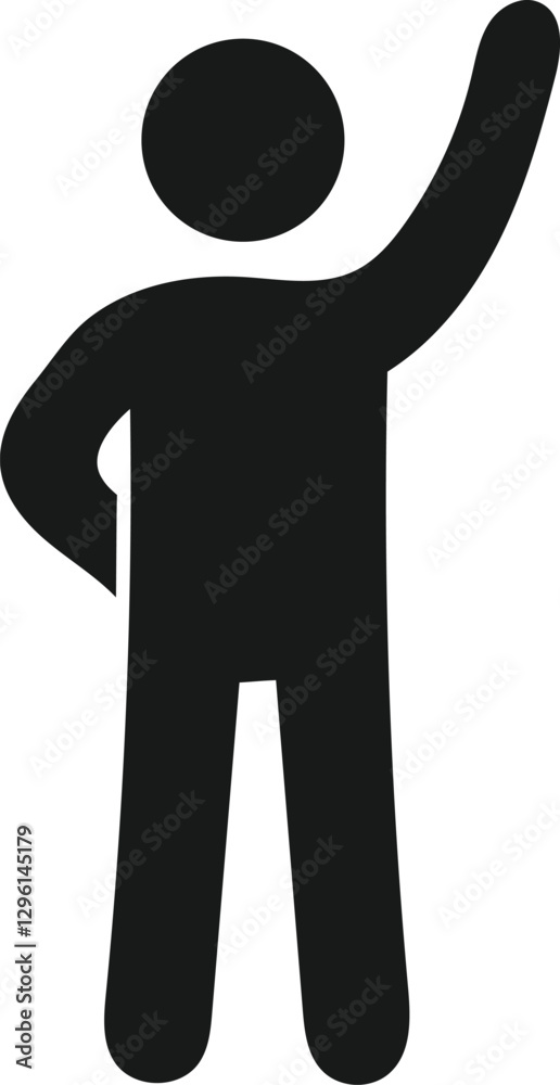 Simple black silhouette of a person raising one hand, against a plain white background. Simple black silhouette of a person raising one hand, against a plain white background.
