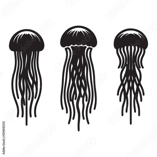 Dancing Jellyfish silhouette, a gentle waltz beneath the sea - Jellyfish illustration - Minimalist Jellyfish vector - Fish silhouette
