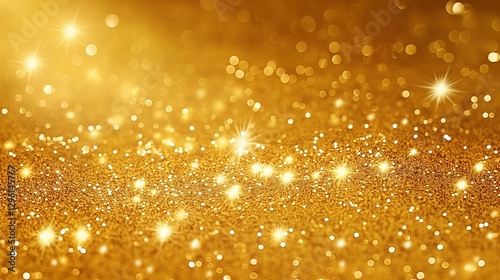 Abstract golden background with bokeh effect and shining defocused glitters. Festive gold texture for Christmas, New Year, birthday, celebration, greeting, victory, success, magic party.