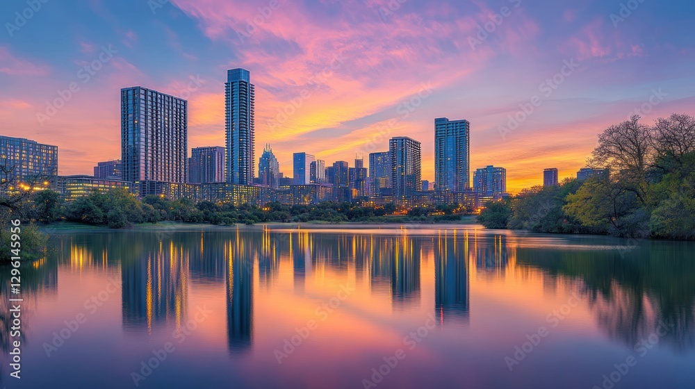 Fototapeta premium Austin Skyline at Sunrise: A Breathtaking Reflection