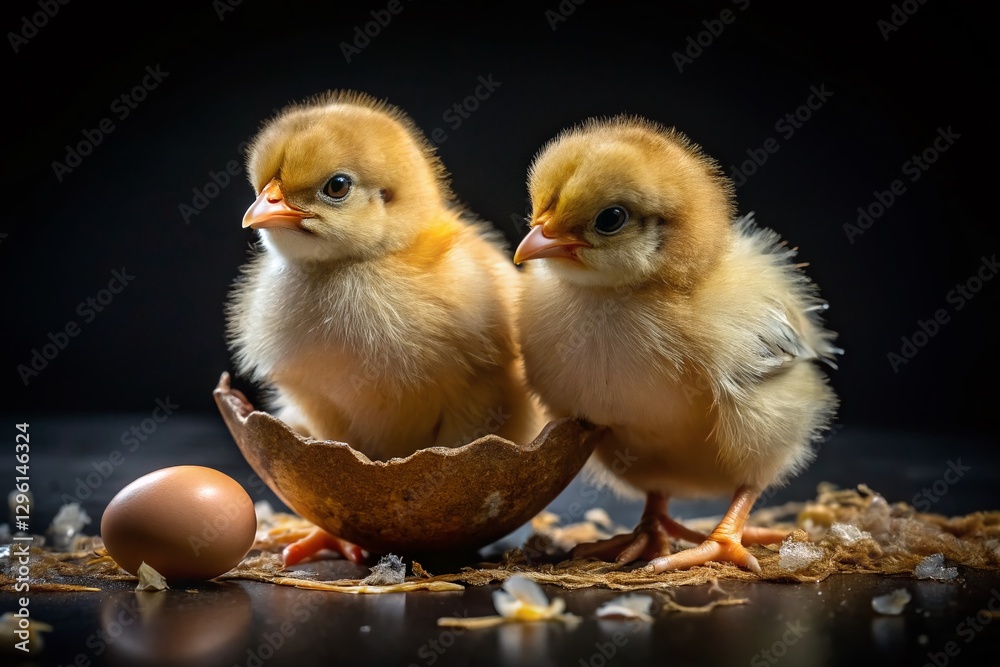 Fototapeta premium Baby Chicks Hatching from Eggs, Dramatic Black Background Drone Shot