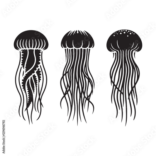 Graceful Jellyfish silhouette, floating with effortless beauty - Jellyfish illustration - Minimalist Jellyfish vector - Fish silhouette
