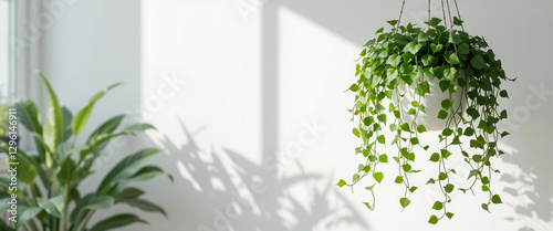 Hanging plant with lush green vines in white pot casting shadows on bright wall