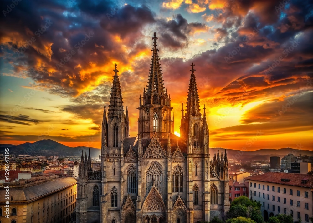 Obraz premium Barcelona Cathedral Silhouette at Sunset - Gothic Architecture Stock Photo